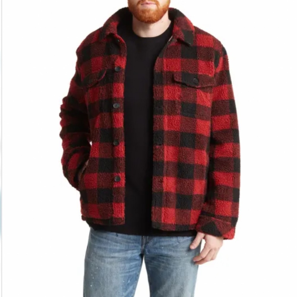 Lucky Brand Men's Medium Buffalo Check Faux Shearling Shirt Jacket Button Up New